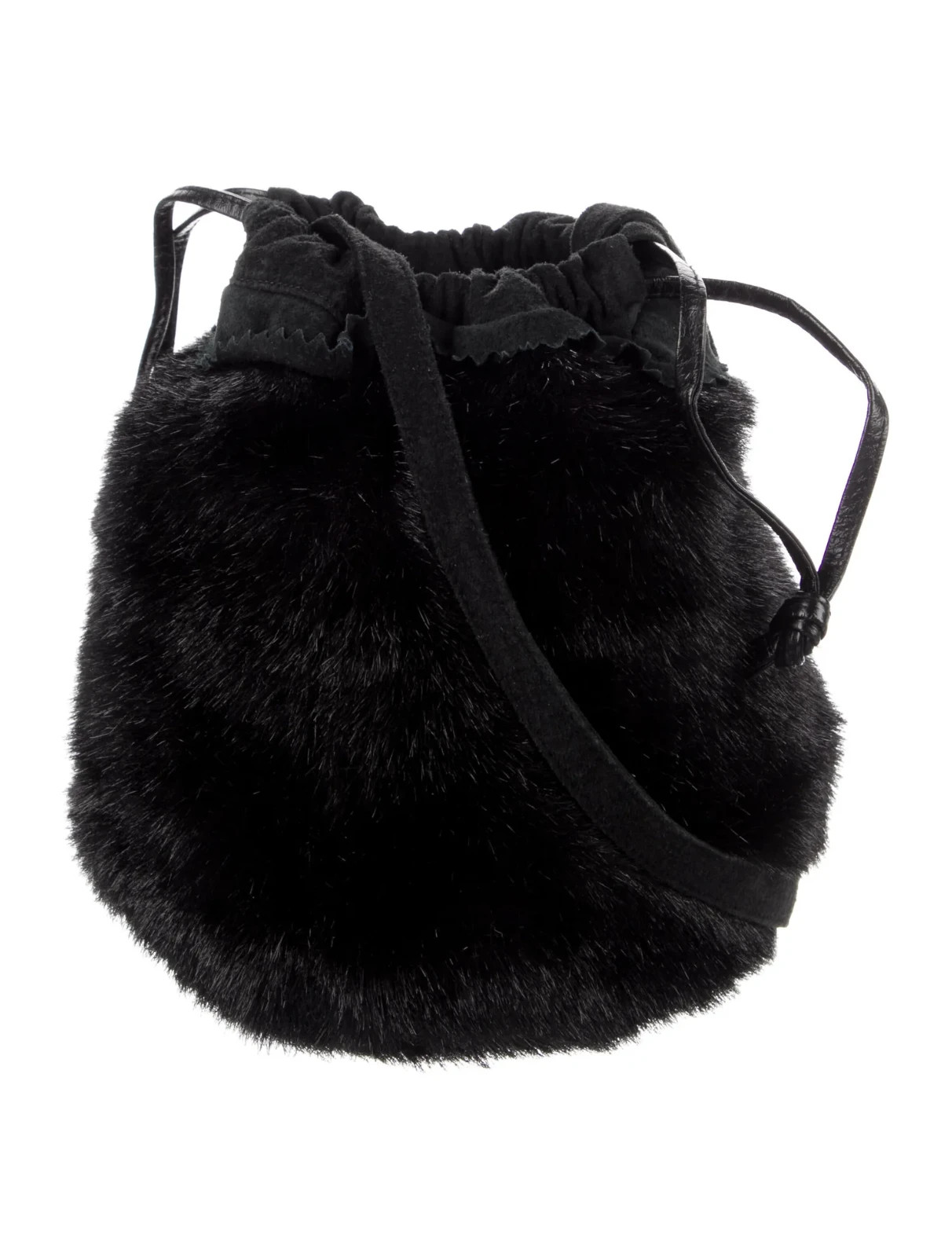 Dennis Basso Faux Mink Fur Drawstring Closure Shoulder Bag w Leather Trim Black