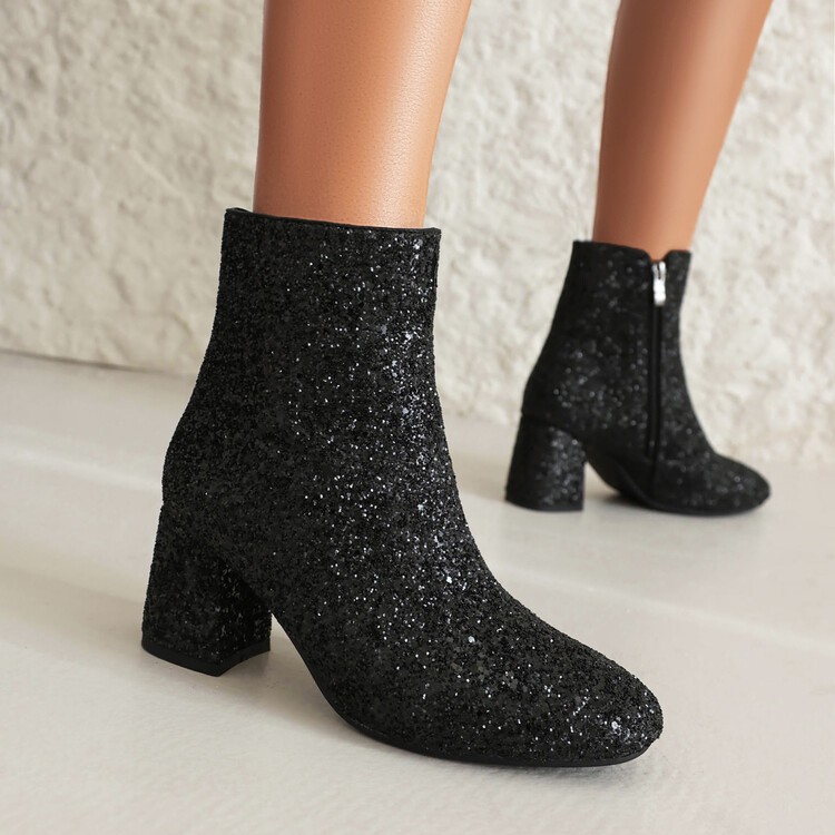Women’s Sequin Glitter Block Heels Side Zip Ankle Short Gold Boots Party Shoes