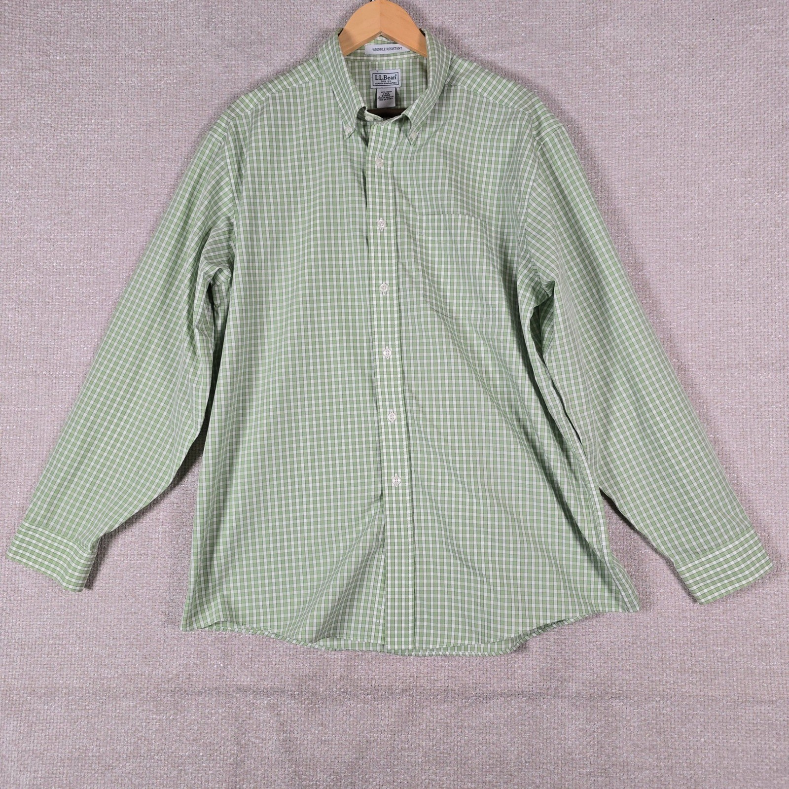 LL Bean Mens Large Green White Gingham Check Wrinkle Resistant Button Down Shirt
