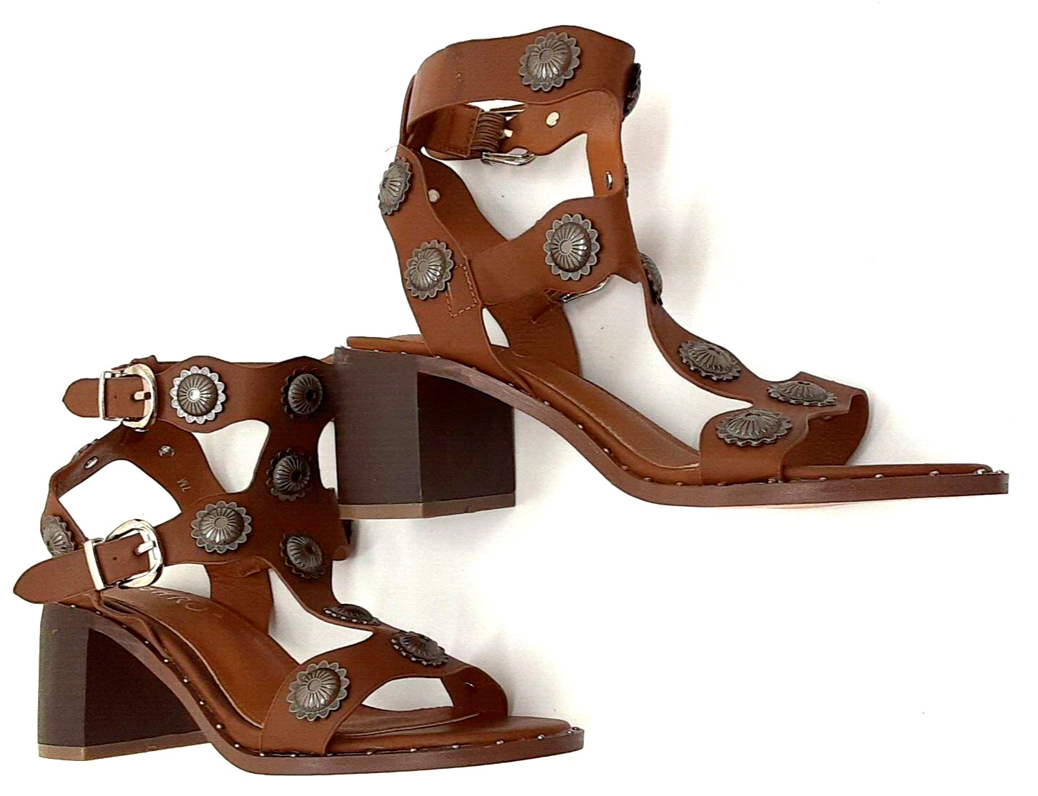 ASHRO Sandal Caged Brown Leather Gladiator Strappy 7M Embellished Buckle Strap