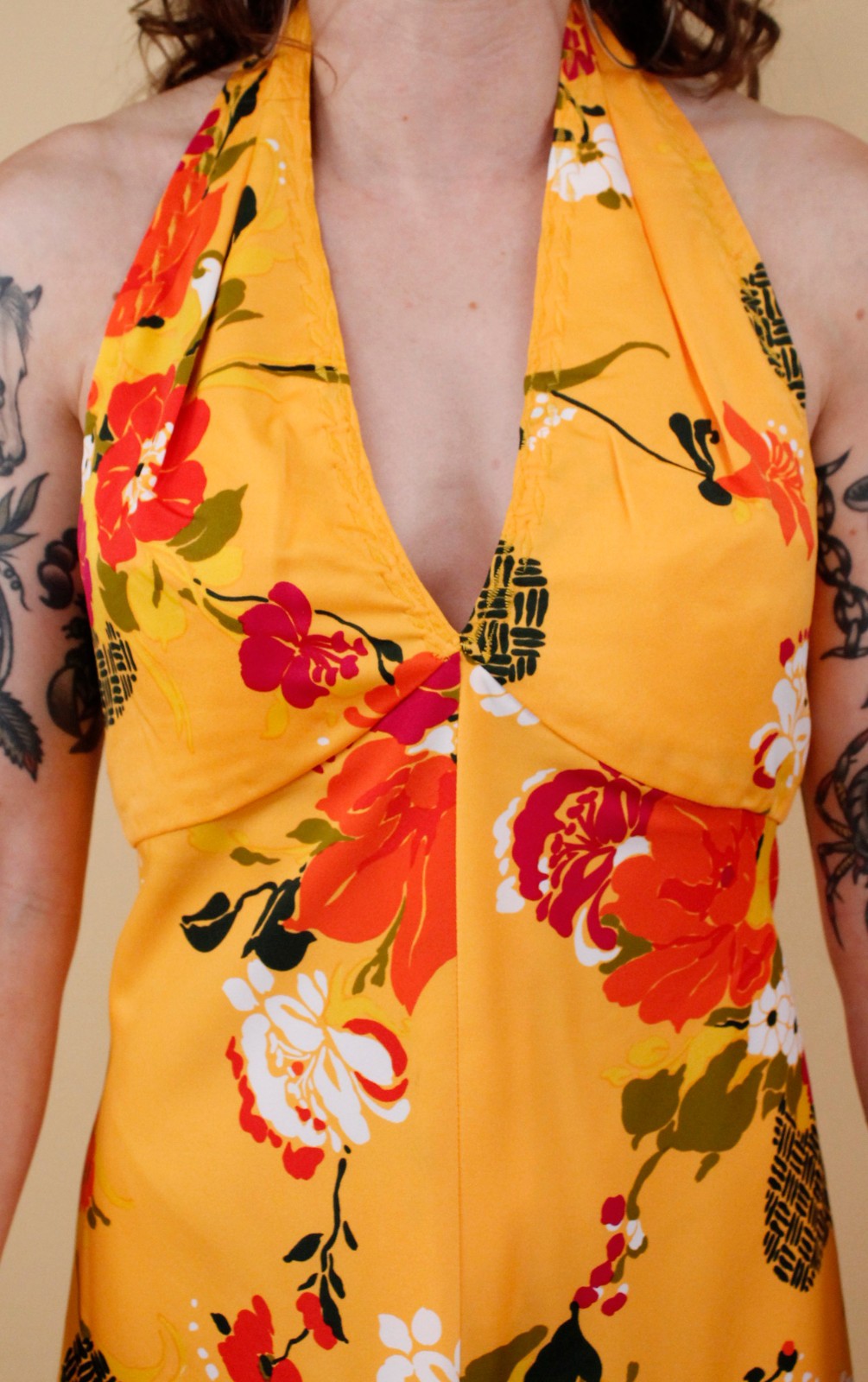 60s 70s Vtg Yellow Floral Micro Mini Dress Halter Top Mod Hawaiian Handmade Xs