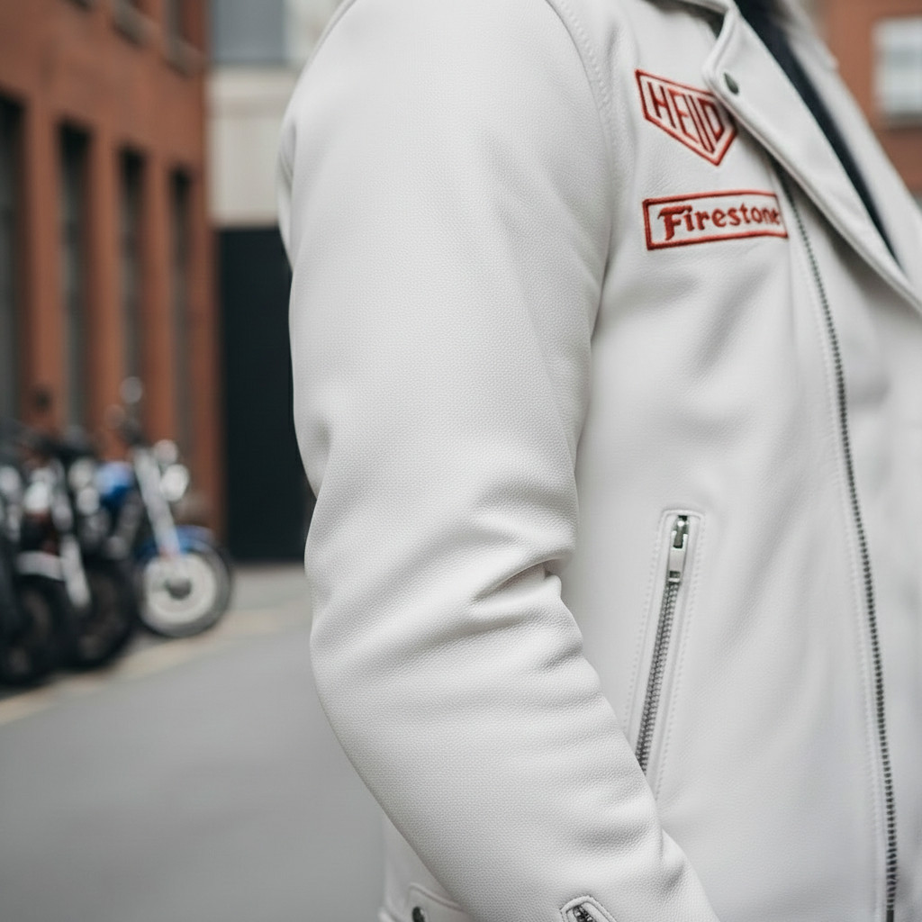 Gulf White Racing Leather Jacket Mens RD Style Biker Asym Zip Quilted