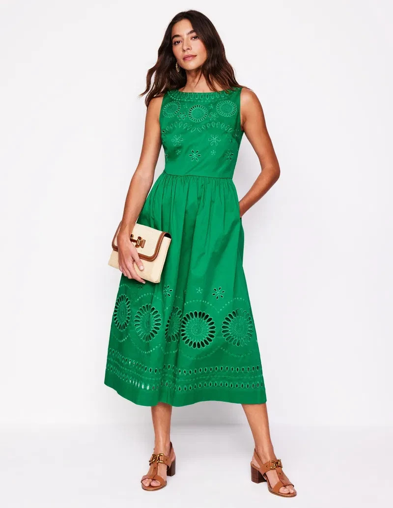 Boden Lauren Broderie Midi Dress UK 12 Regular Green RRP £166