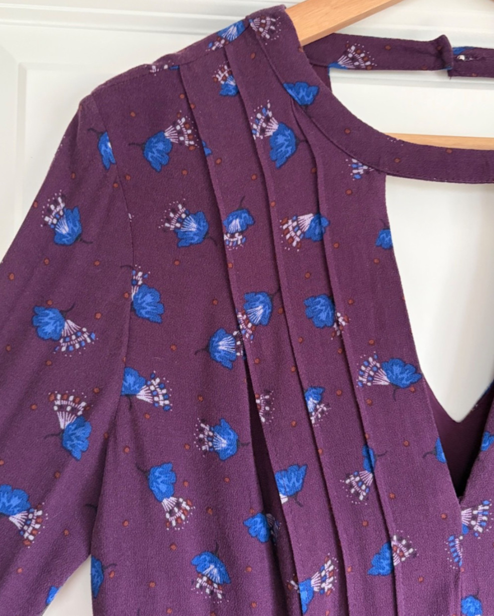 Free People Tegan Mini Dress Size 8 Bell Sleeve Purple Blue Floral Boho Babydoll