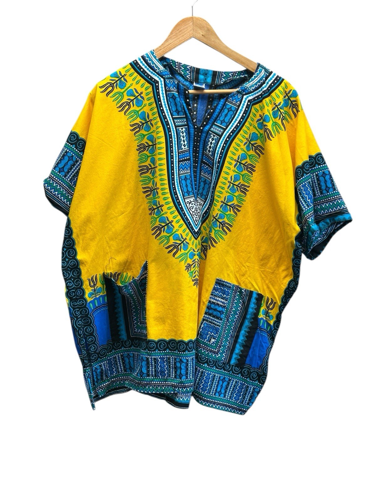 Mama & Papa Dashiki Tunic African Boho Shirt Yellow Blue One Size XL Thailand