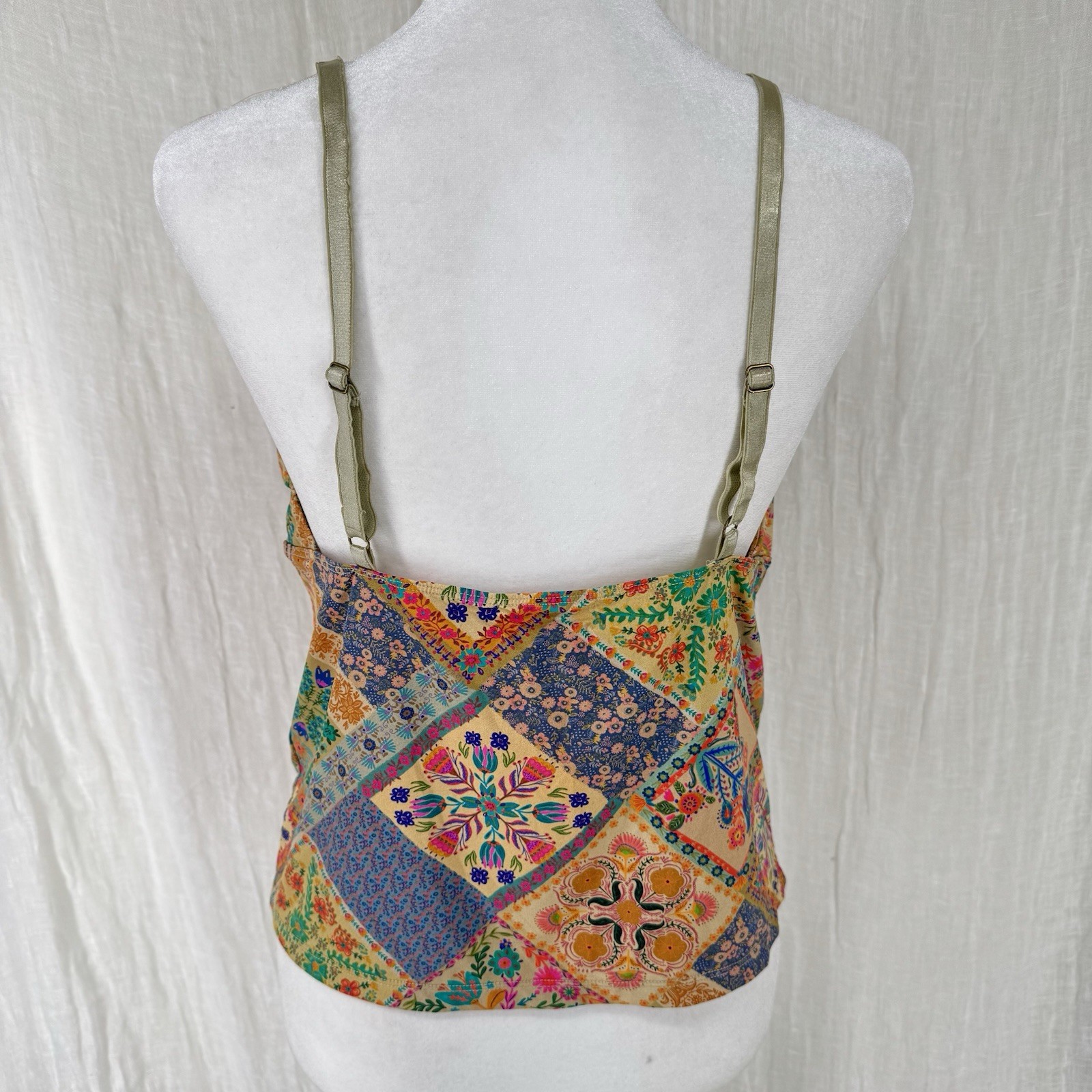 Natural Life Patchwork Cami Top L Boho Babydoll Y2K Deep V Floral Soft Stretchy