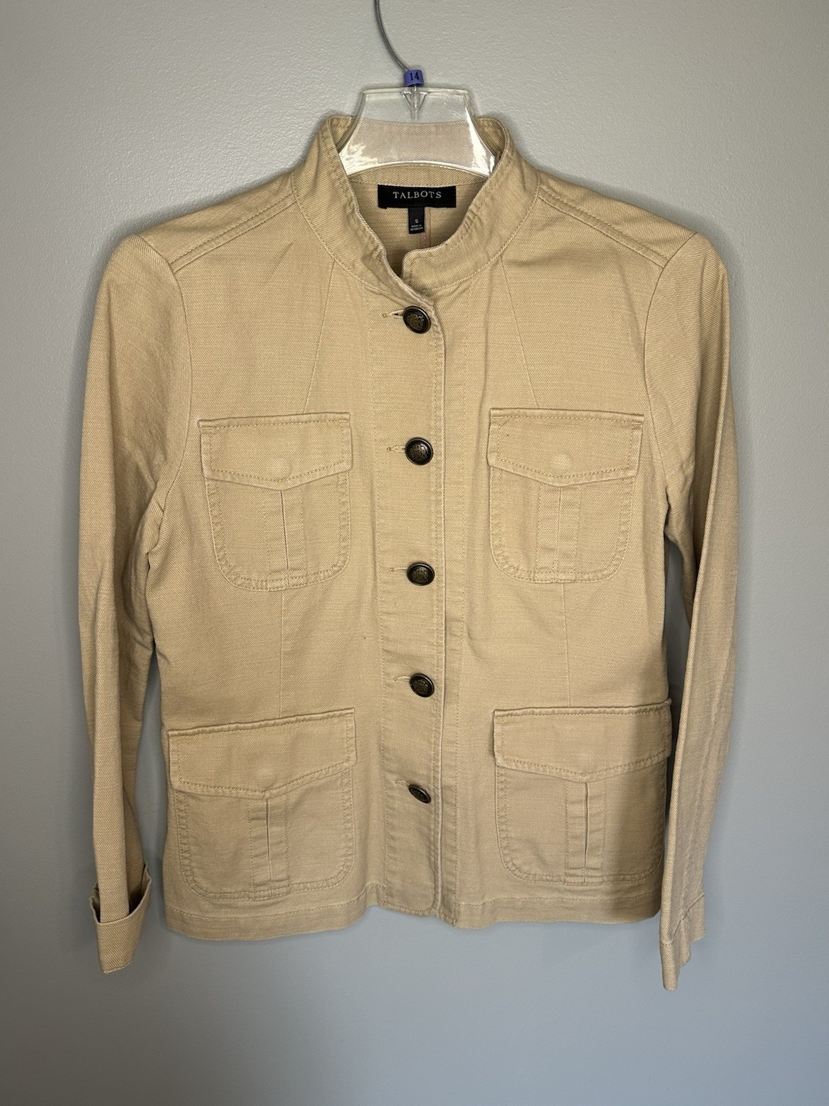 Talbots Jacket Womens Small Tan Utility Safari Military Button Cotton Khaki