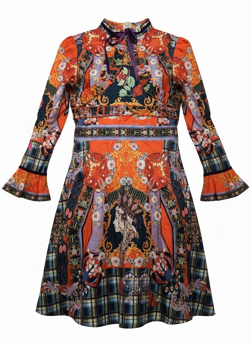 Dalia MacPhee Orange Multicolor Floral A-Line Dress High Neck 3/4 Bell M