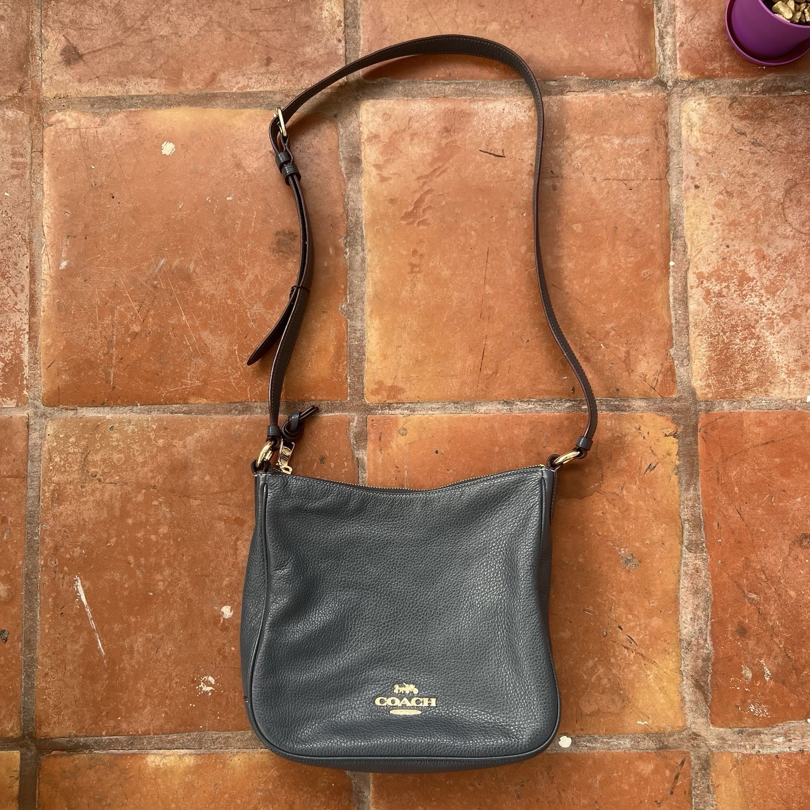 Coach Ellie File Navy Pebbled Leather Crossbody Bag Rose Gold Hardware F2122