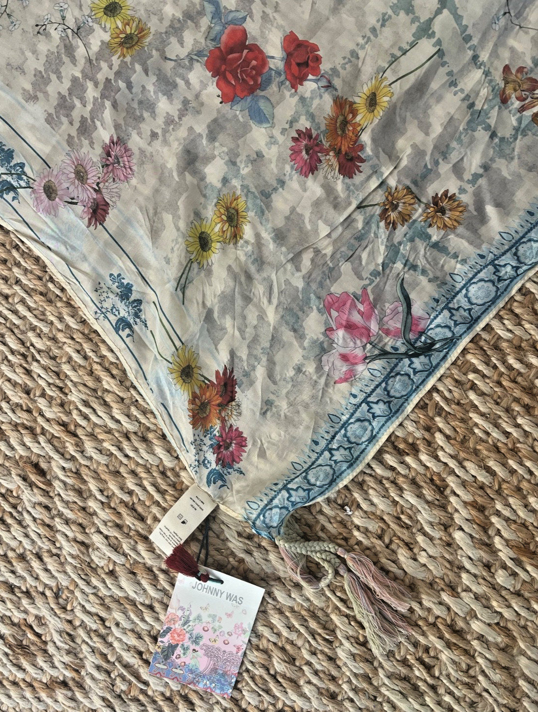 Johnny Was Silk Scarf with Tassels FOUR SEASONS New w Tags Floral Houndstooth