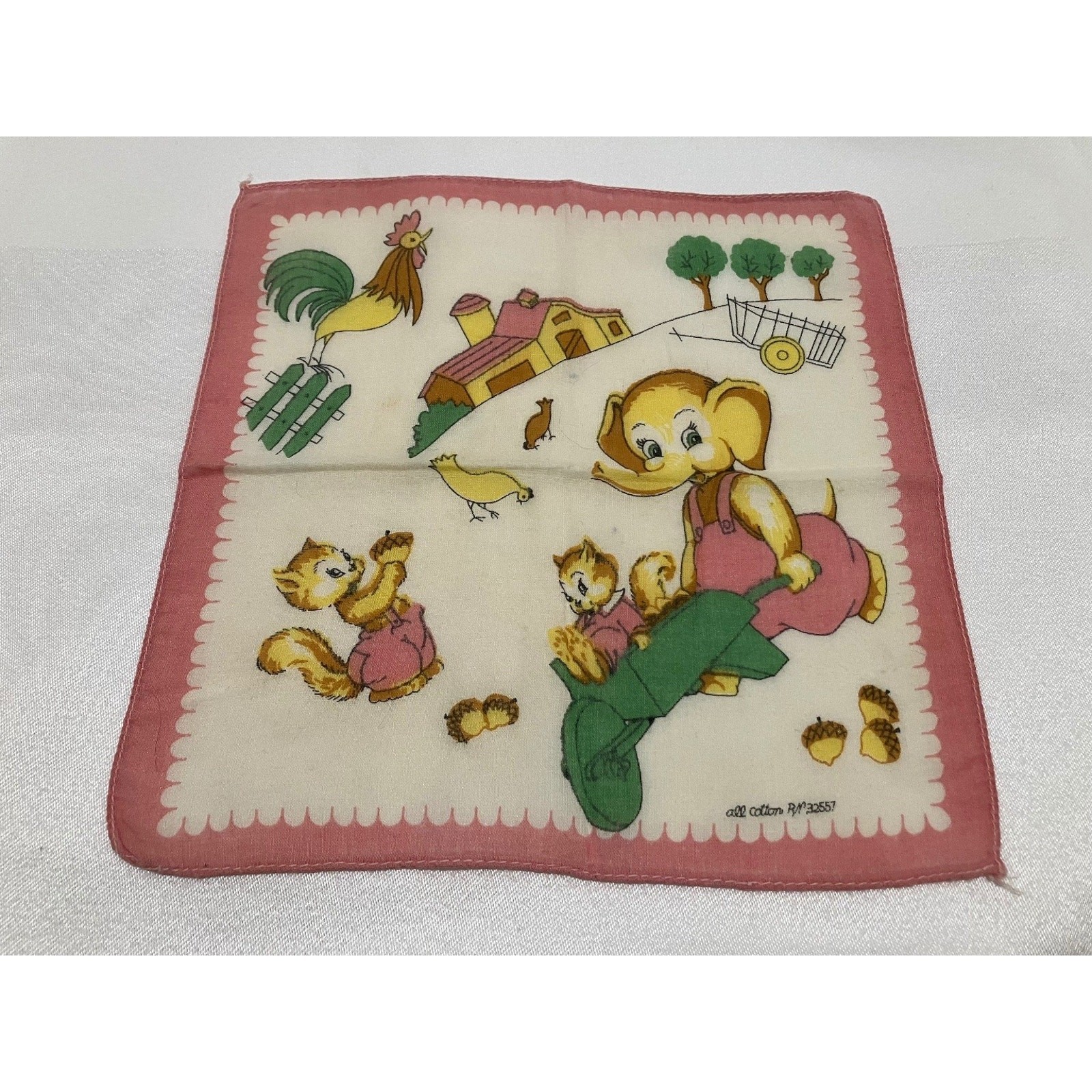 Vintage Handkerchief Farm Animals Cartoon Pink Cotton Hemmed Edge 8.5 Inch