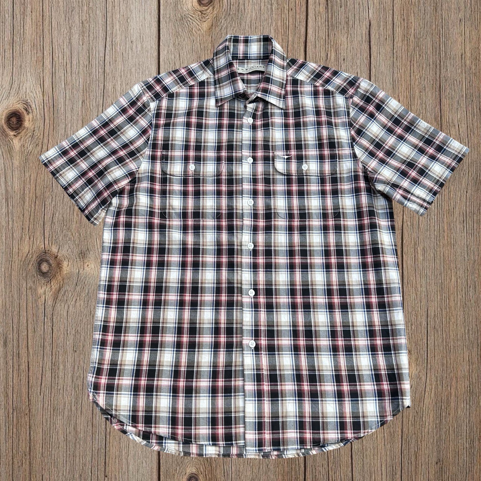 R M Williams Shirt S/S Multicolored Plaid Mens Us Medium Uk LARGE Longhorn