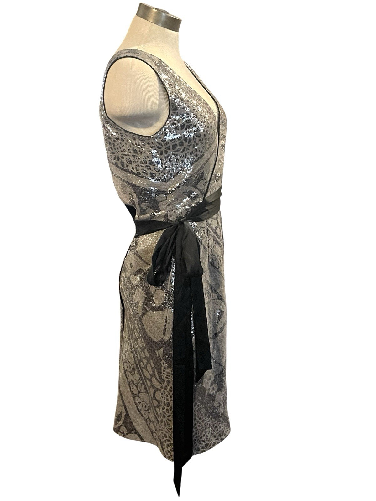 DIANE VON FURSTENBURG Silver Black Sequin V-Neck Wrap Satin Tie Evening Dress