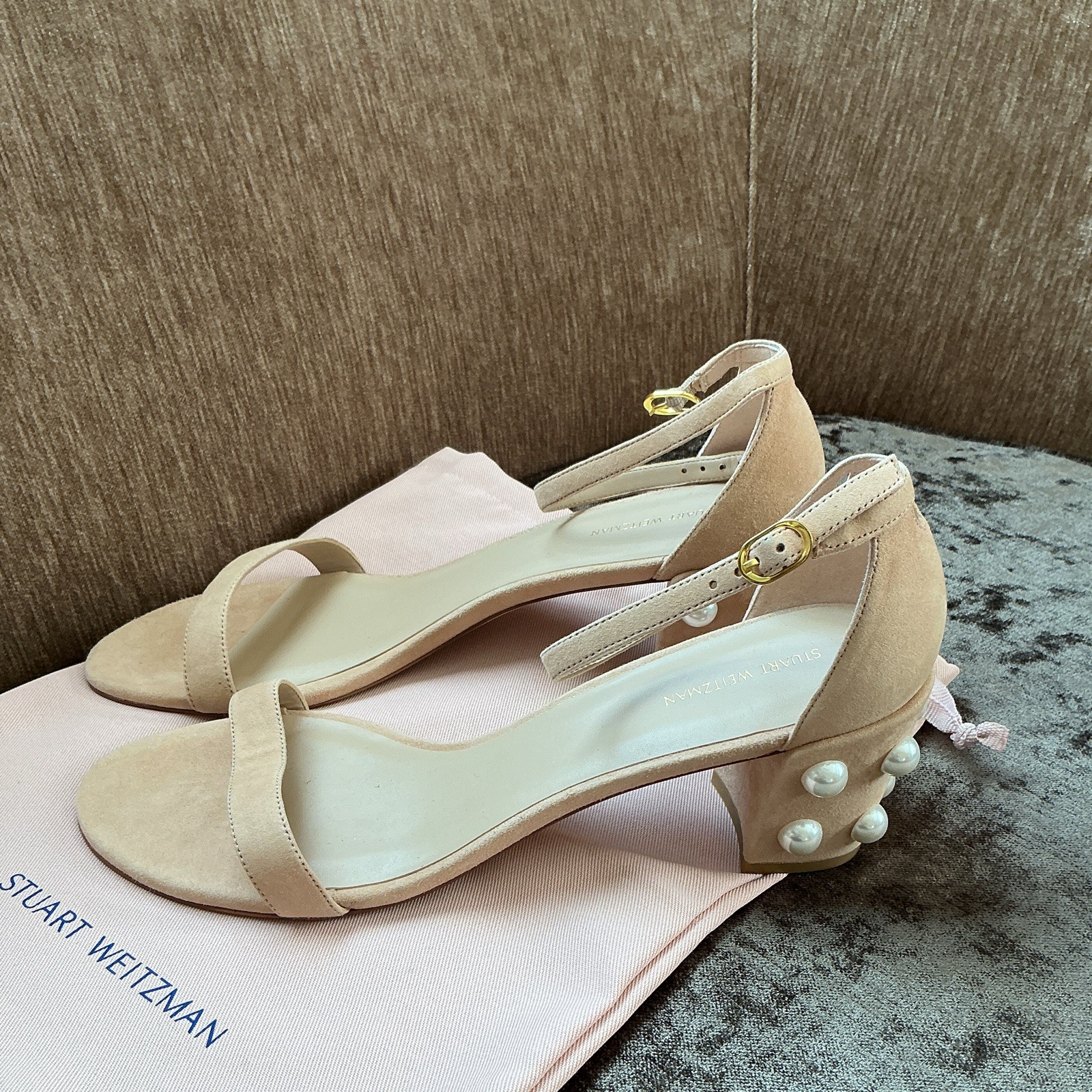 Stuart Weitzman Beige Suede Strappy Ankle Strap Pearl Sandals Womens 11 M