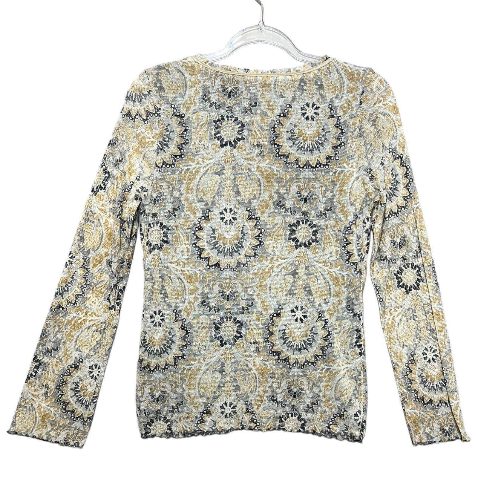 VTG Y2K Axcess Mesh Nylon Ruffle Edge V Neck Long Sleeve Boho Mandala Top Rouged