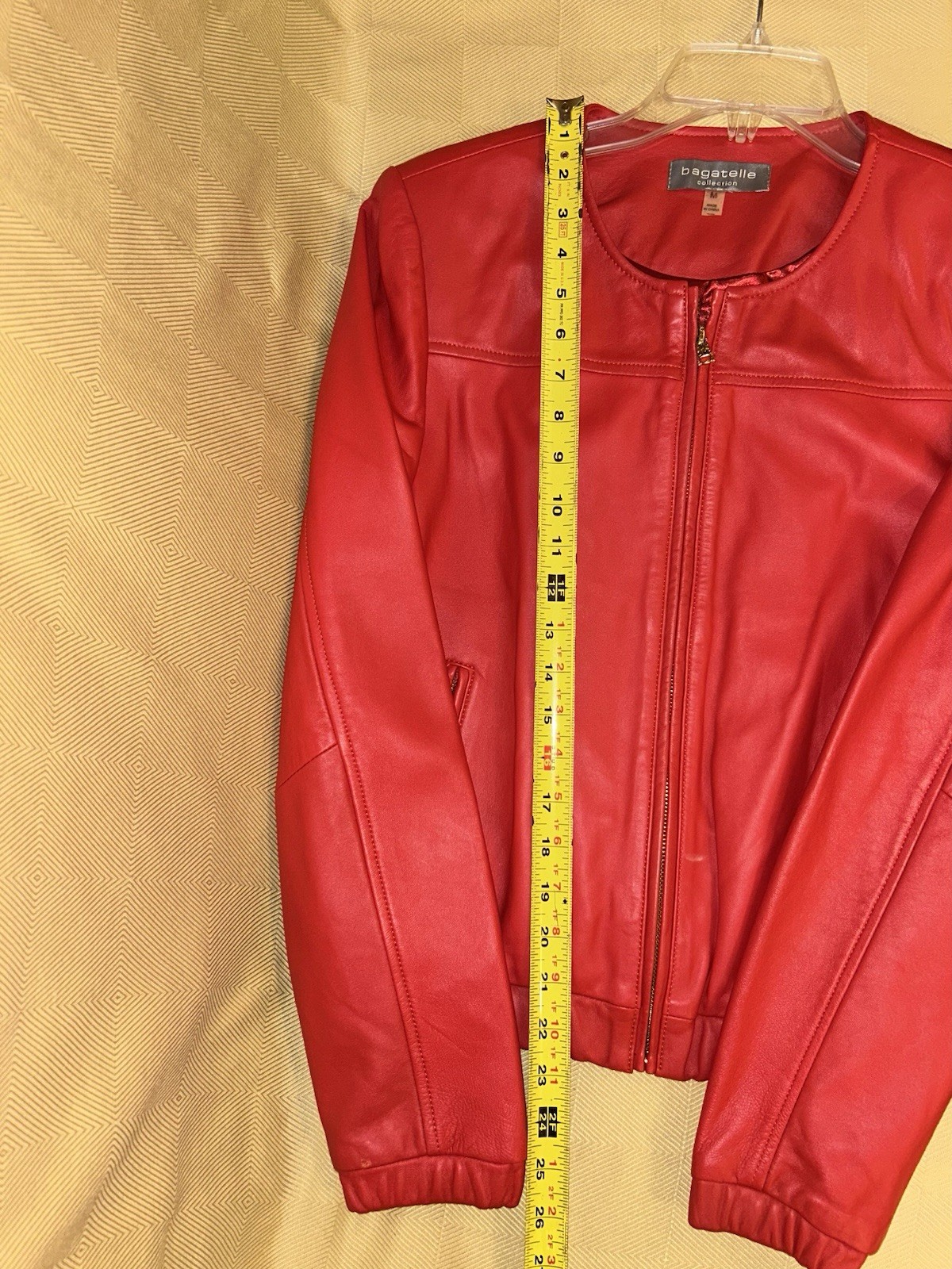 Bagatelle Collection Red Genuine Leather Jacket Womens M Collarless Gold Zip EUC