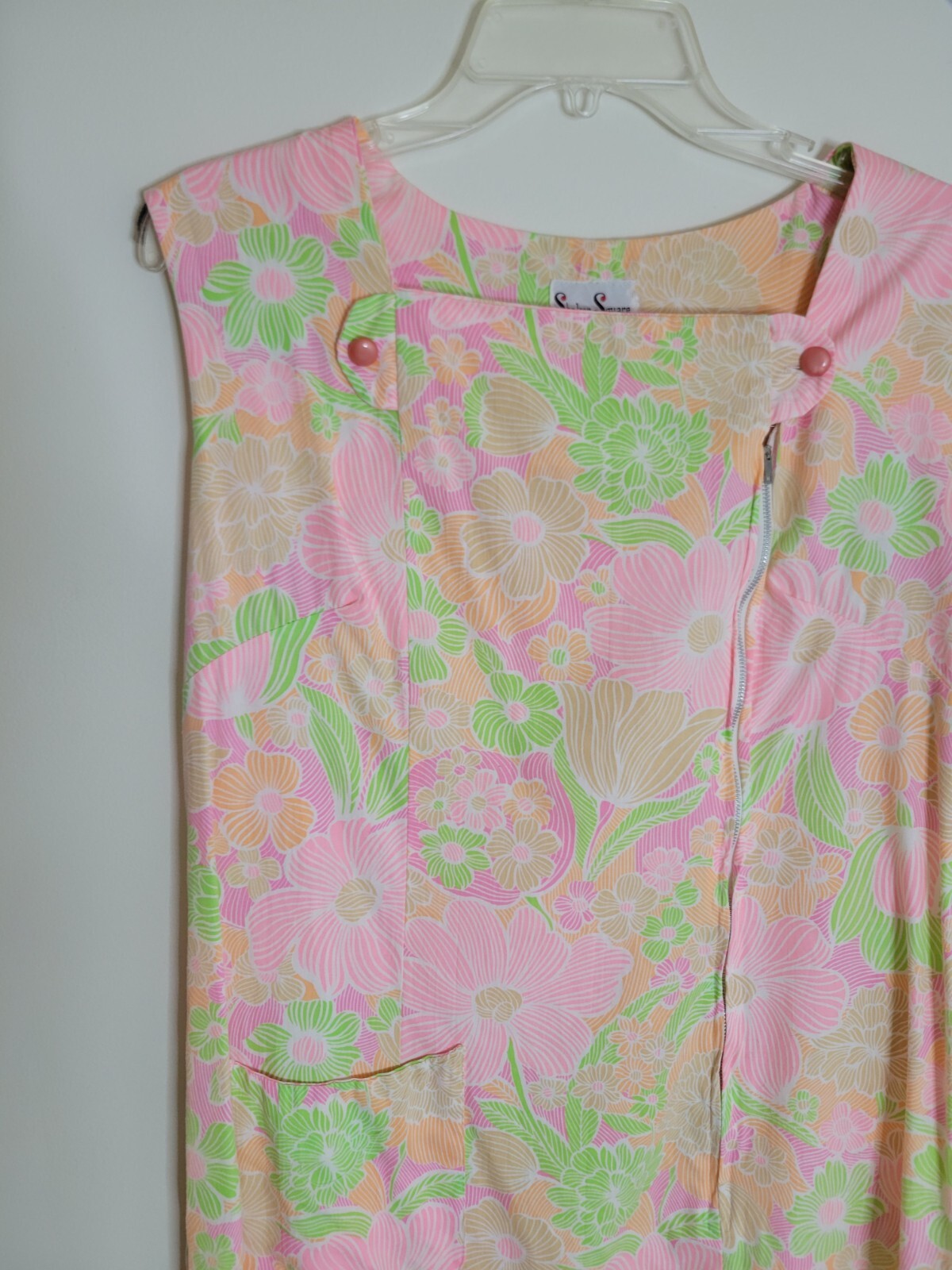Vintage Shaker Square Neon Floral Zip Front A-Line Shift House Dress