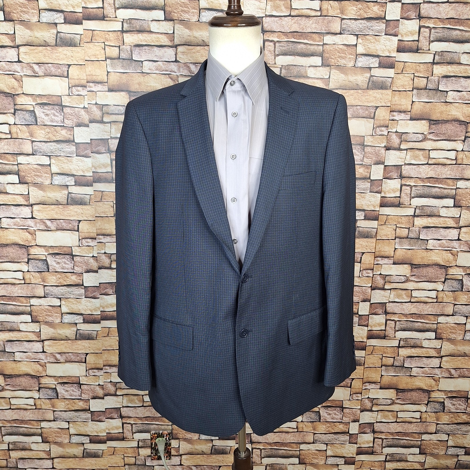 Lineage Suit 2 Piece Mens 44L 38X30 Blue Gray Plaid Double Vented