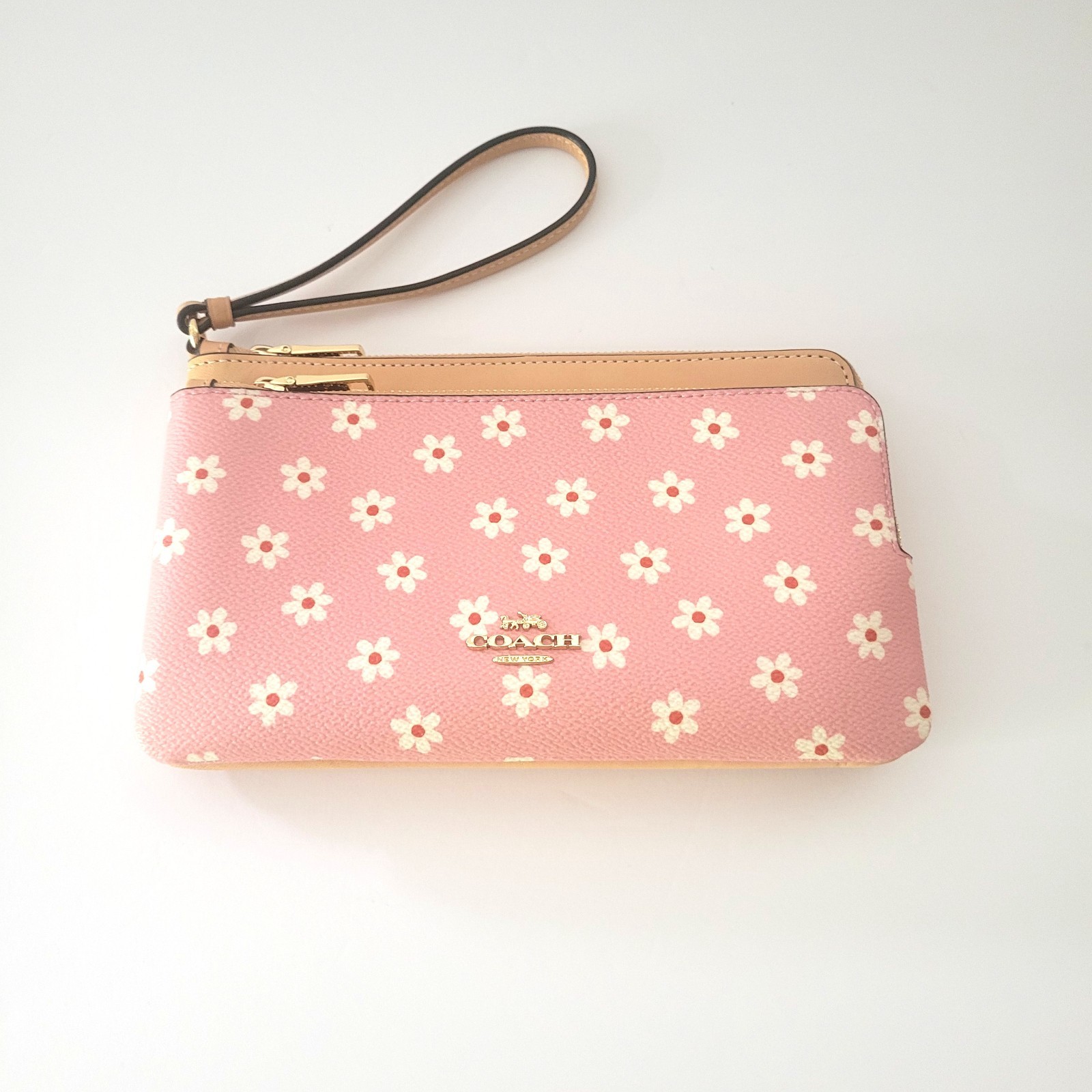 Coach CEY48 Double Zip Wallet Floral Coated Canvas Leather Wristlet Pink Clutch