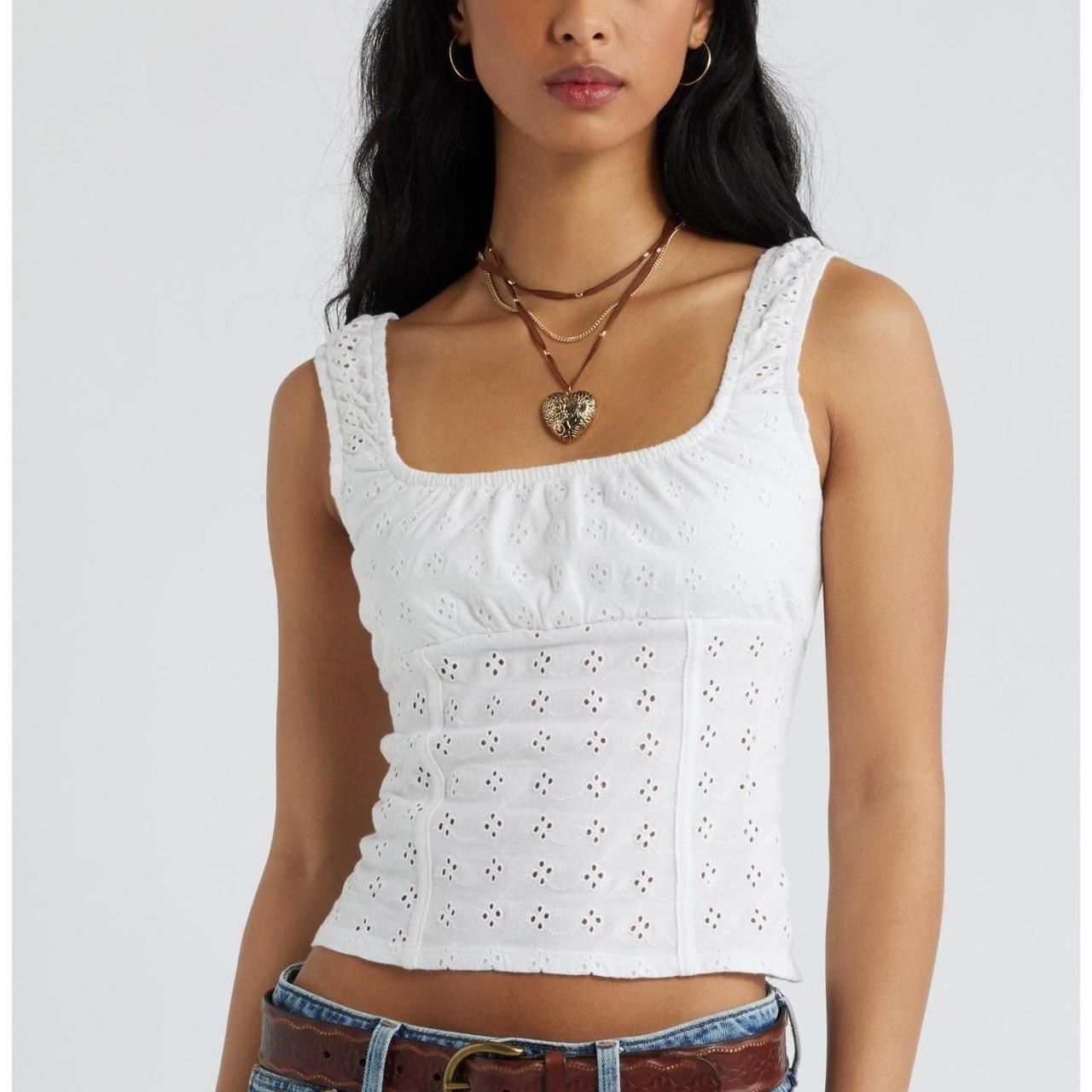 Women’s White Cotton Woven Eyelet Square Neck Sleeveless Wide Strap Tank