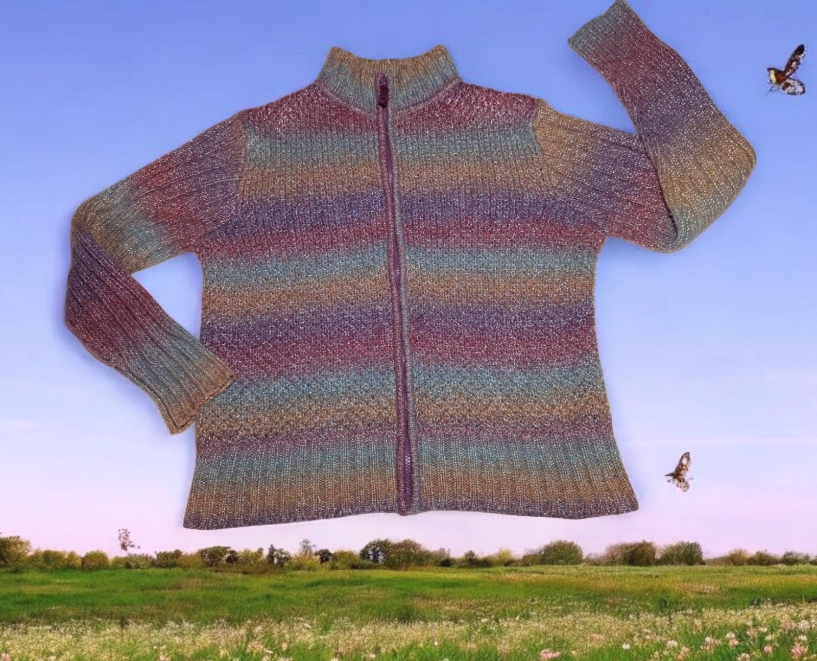 DRESS BARN Mohair Blend FULL ZIP Fuzzy Sweater Rainbow STRIPED Women’s Medium