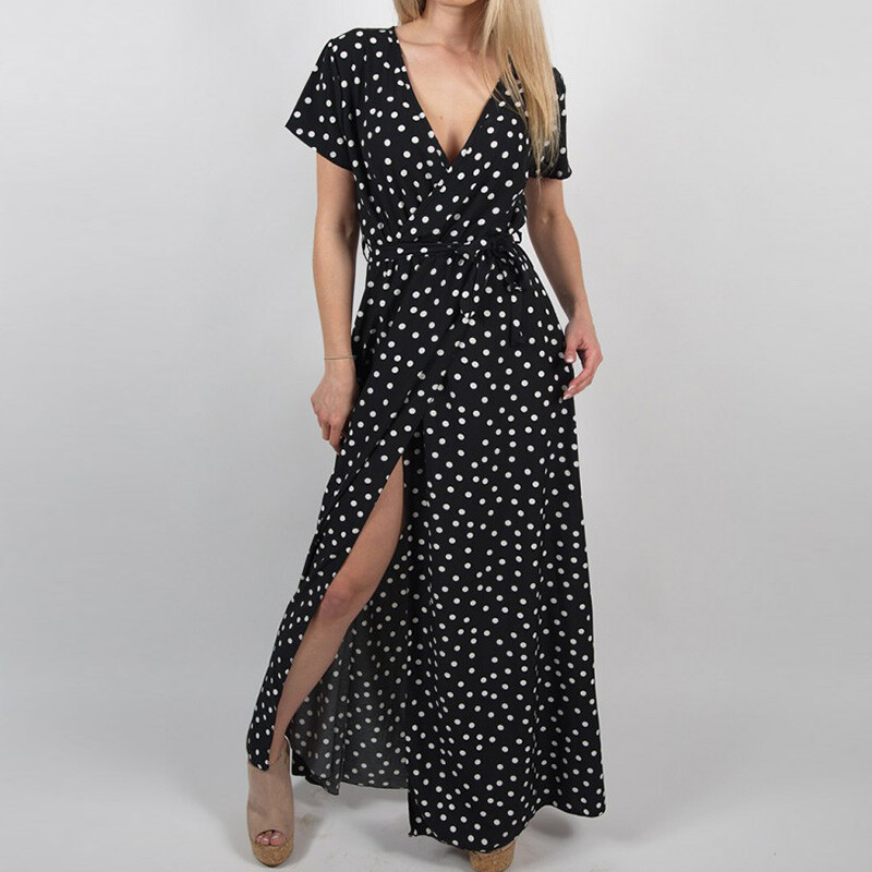 Women Maxi Sundress Loose Pullover Polka Dot Slit Paisley Ladies Long Dress Sexy