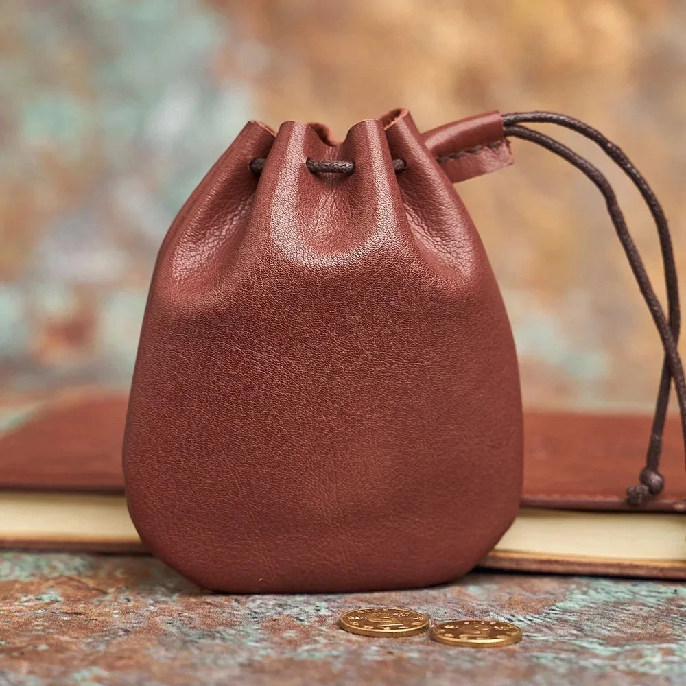 Leather Wallet Coin Pouch Case Drawstring String Bag Small Purse For Men Women