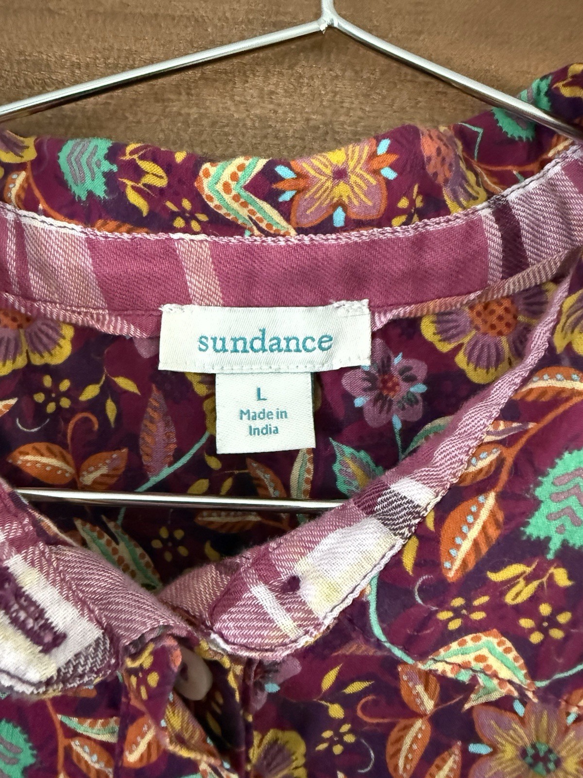 Sundance Women’s 1/2 Button Popover Floral Sz Large Pink Long Sleeve Collar