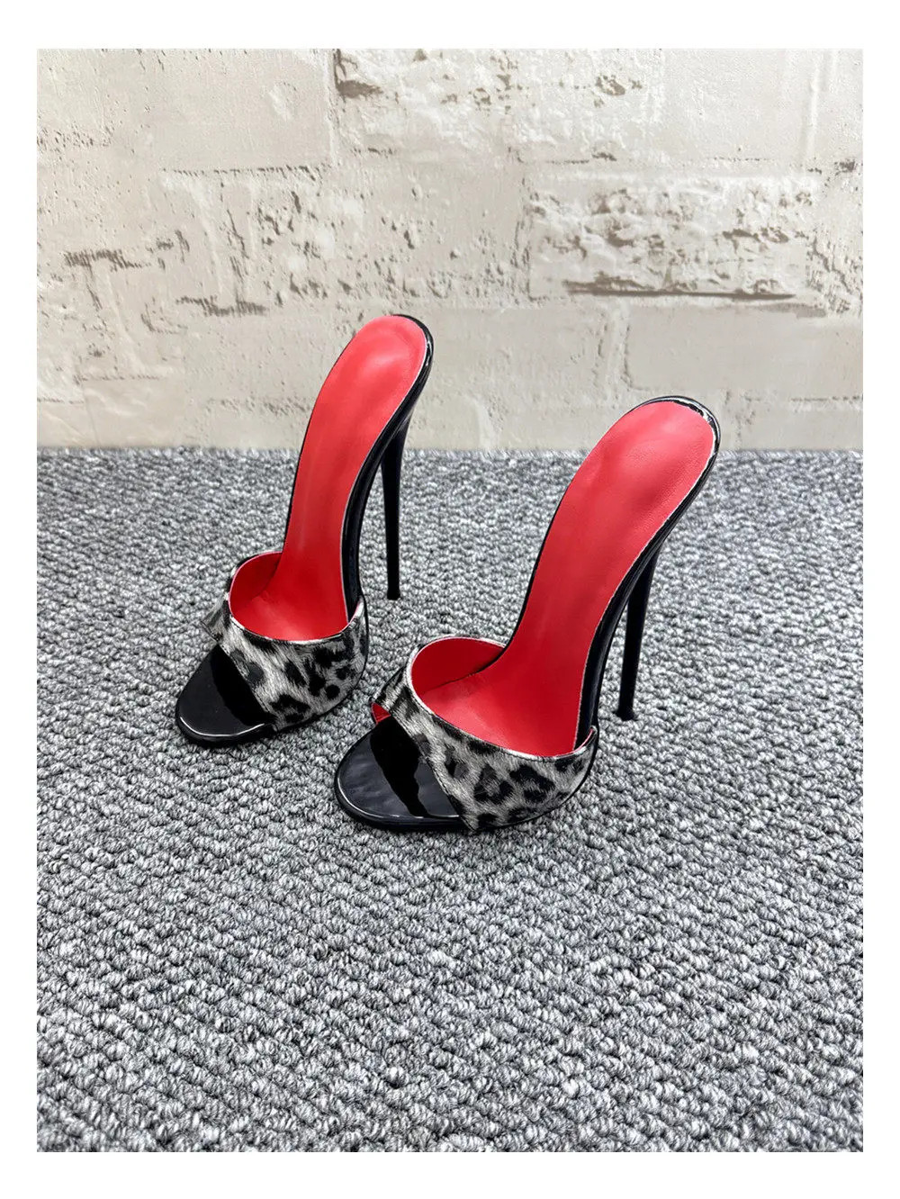 New 12cm Fashionable High-heeled Patent Leather Leopard Print Slippers with Sexy
