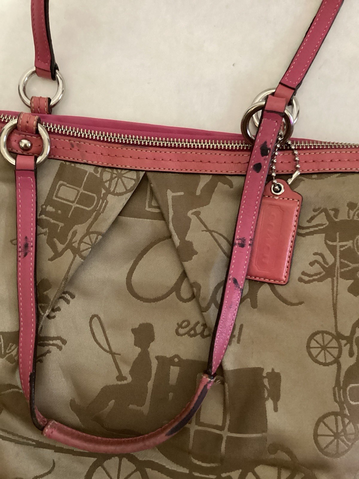 Coach Horse & Carriage Script Sateen Tote Bag Champagne/Pink Trim F14482 As-Is