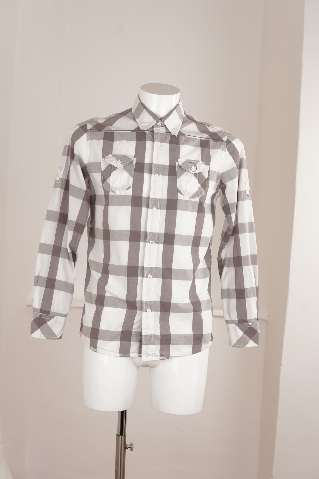 Vintage Blend Plaid Shirt Grey White Cotton Casual Mens M