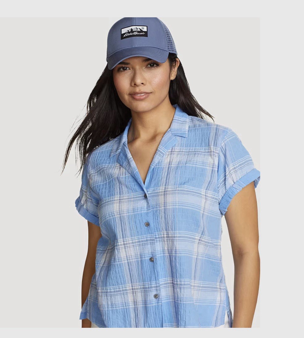 Eddie Bauer Women’s Plaid Blue Packable Camp Shirt V Neck Size XL CornFlw