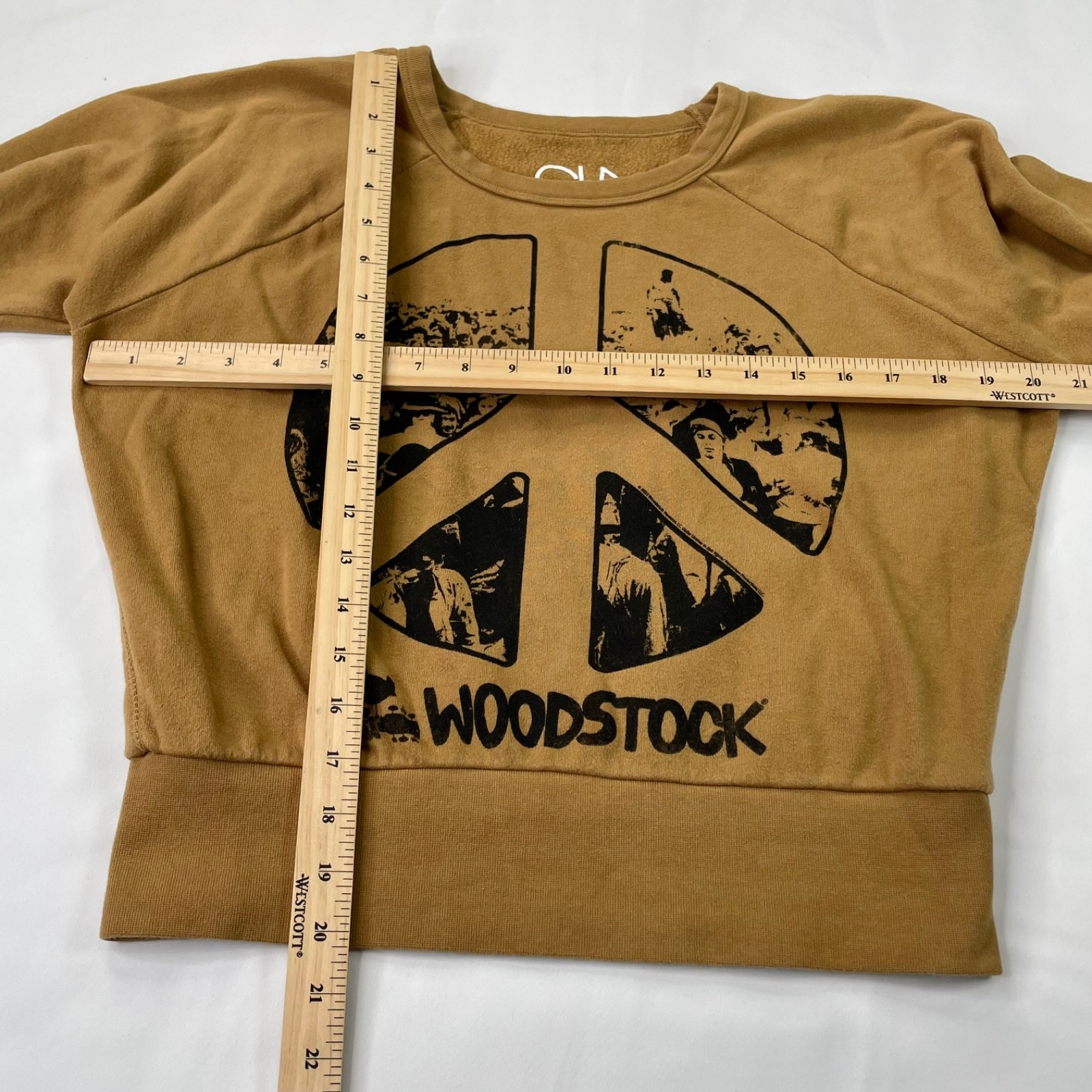 Chaser Woodstock Peace Sign Cropped Mustard Brown Sweatshirt Womens XS