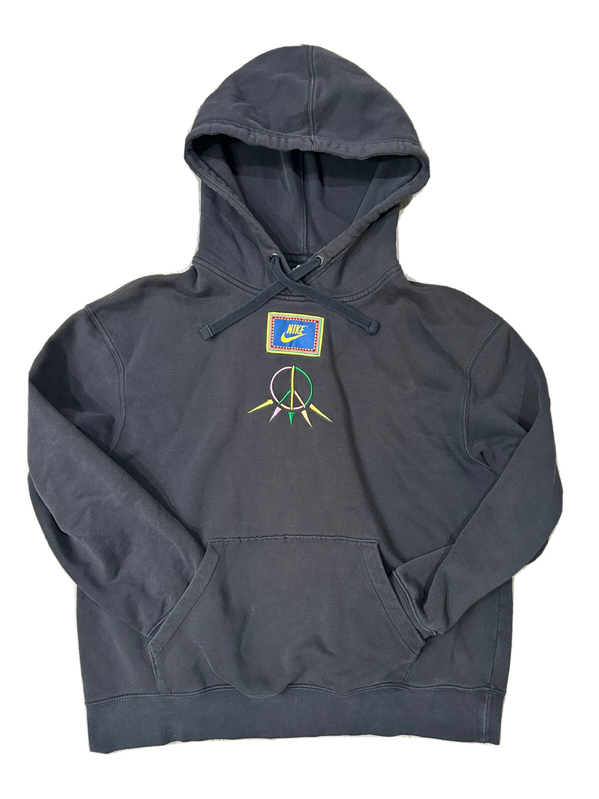 BLACK NIKE PEACE SIGN PULLOVER HOODIE WOMENS SIZE XS POCKET HOOD NEON 90’s