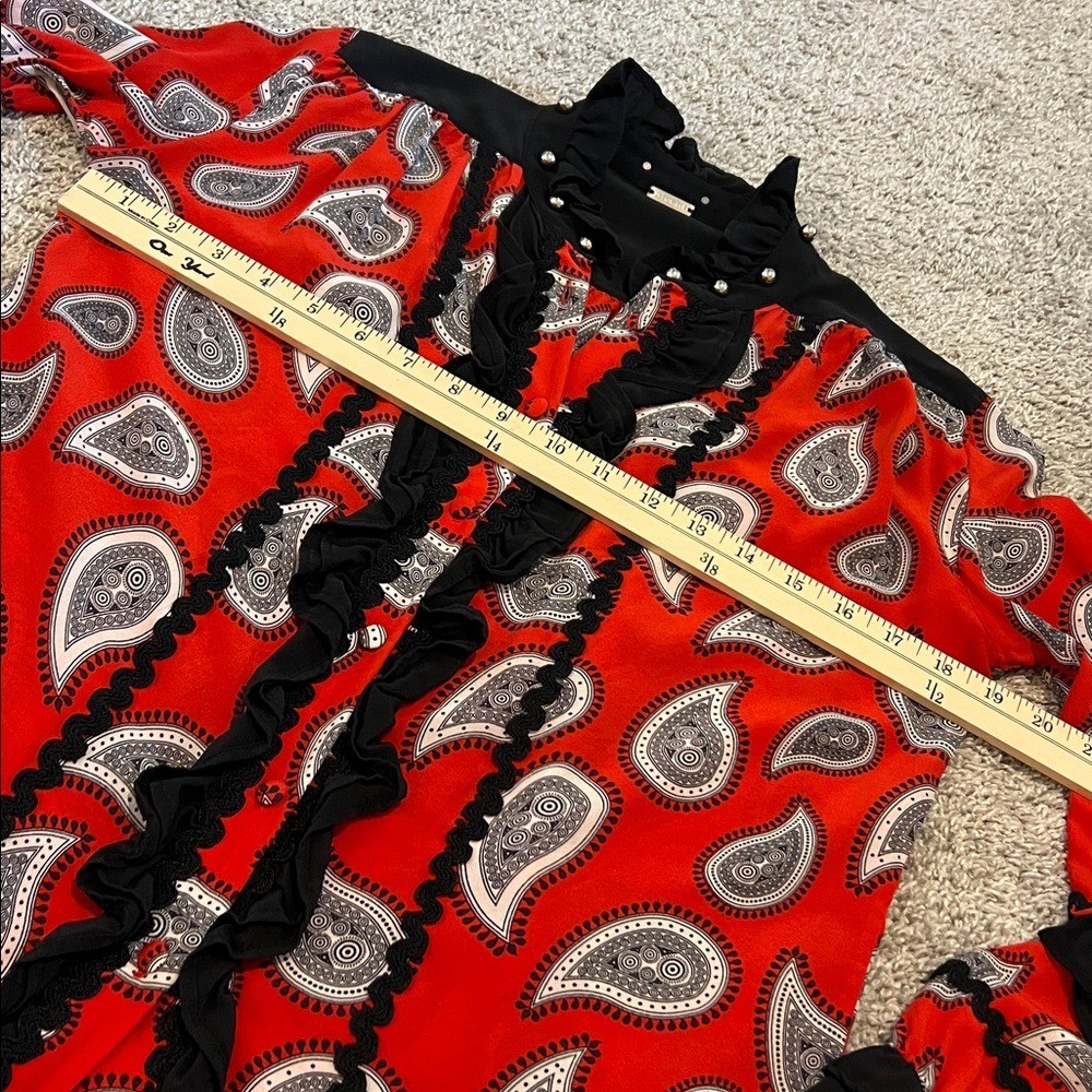 Dodo Bar Or Red Black Paisley Silk Blouse 40 6/8 designer studded ruffle top
