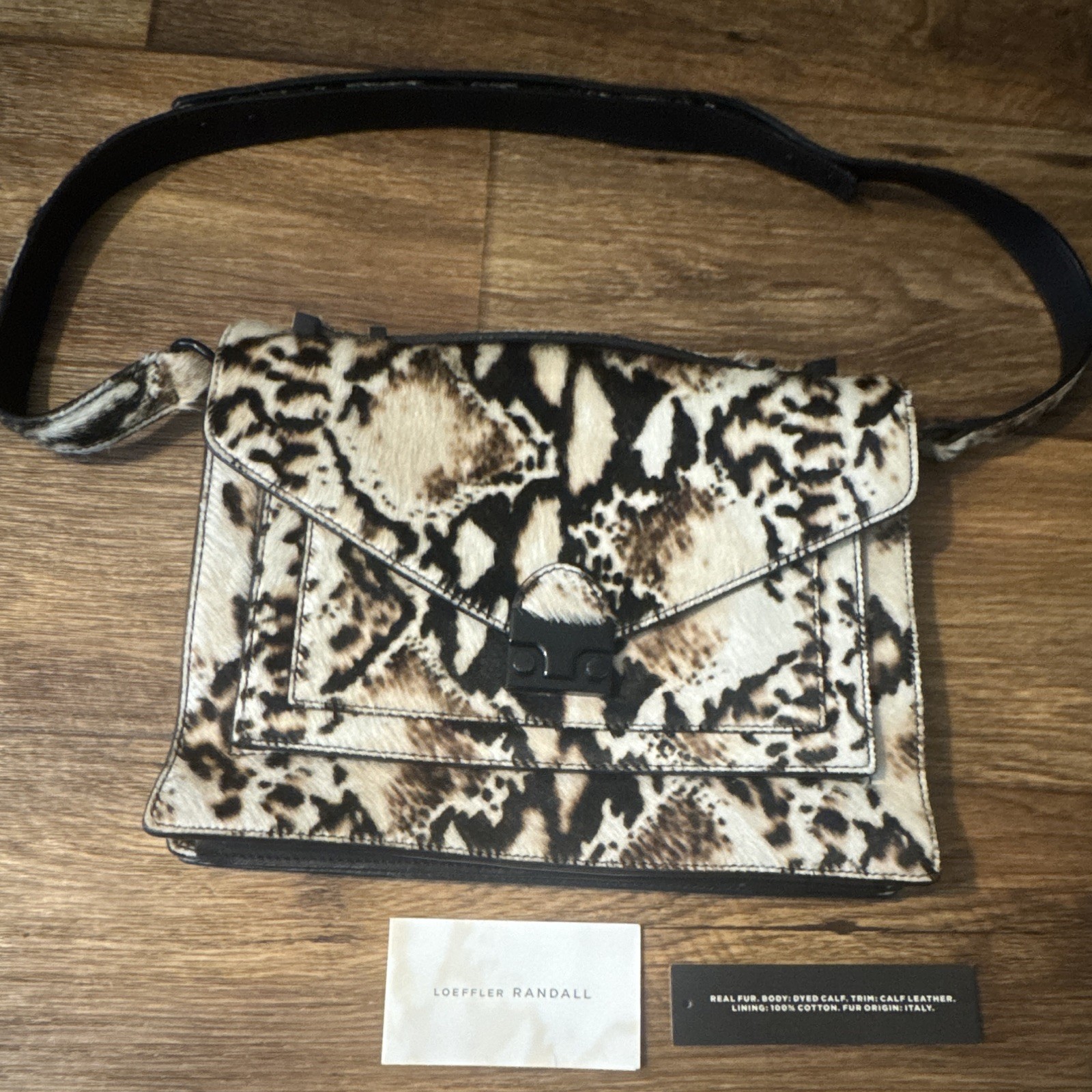 Loeffler Randall Animal Print Crossbody Bag Push Lock Black Strap + Card