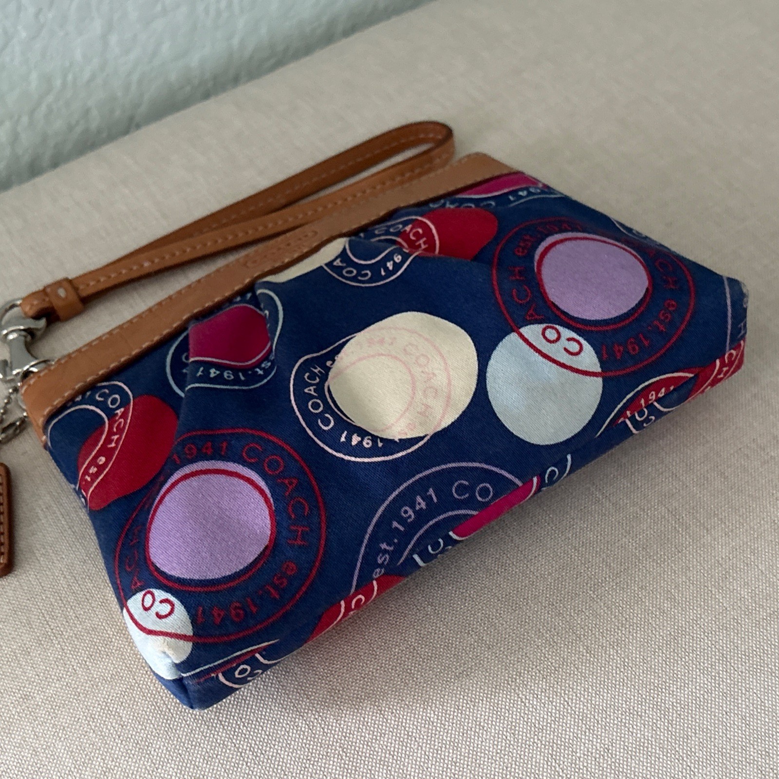 COACH Polka Dot Leah F14667 Red White & Blue Satin Large Wristlet Tan Leather