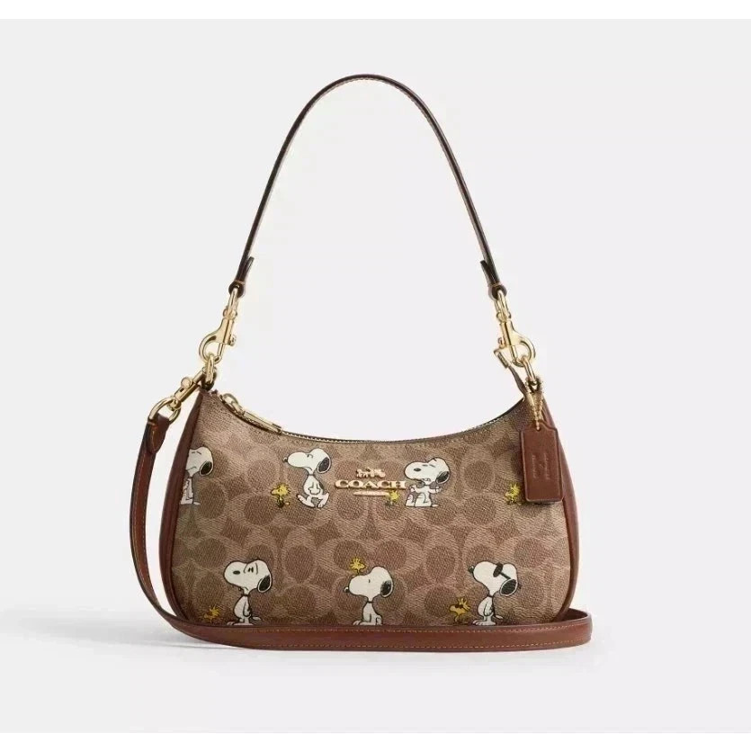 COACH x PEANUTS Teri Shoulder Bag Tan Brown Snoopy Print Signature Canvas CBJ88-