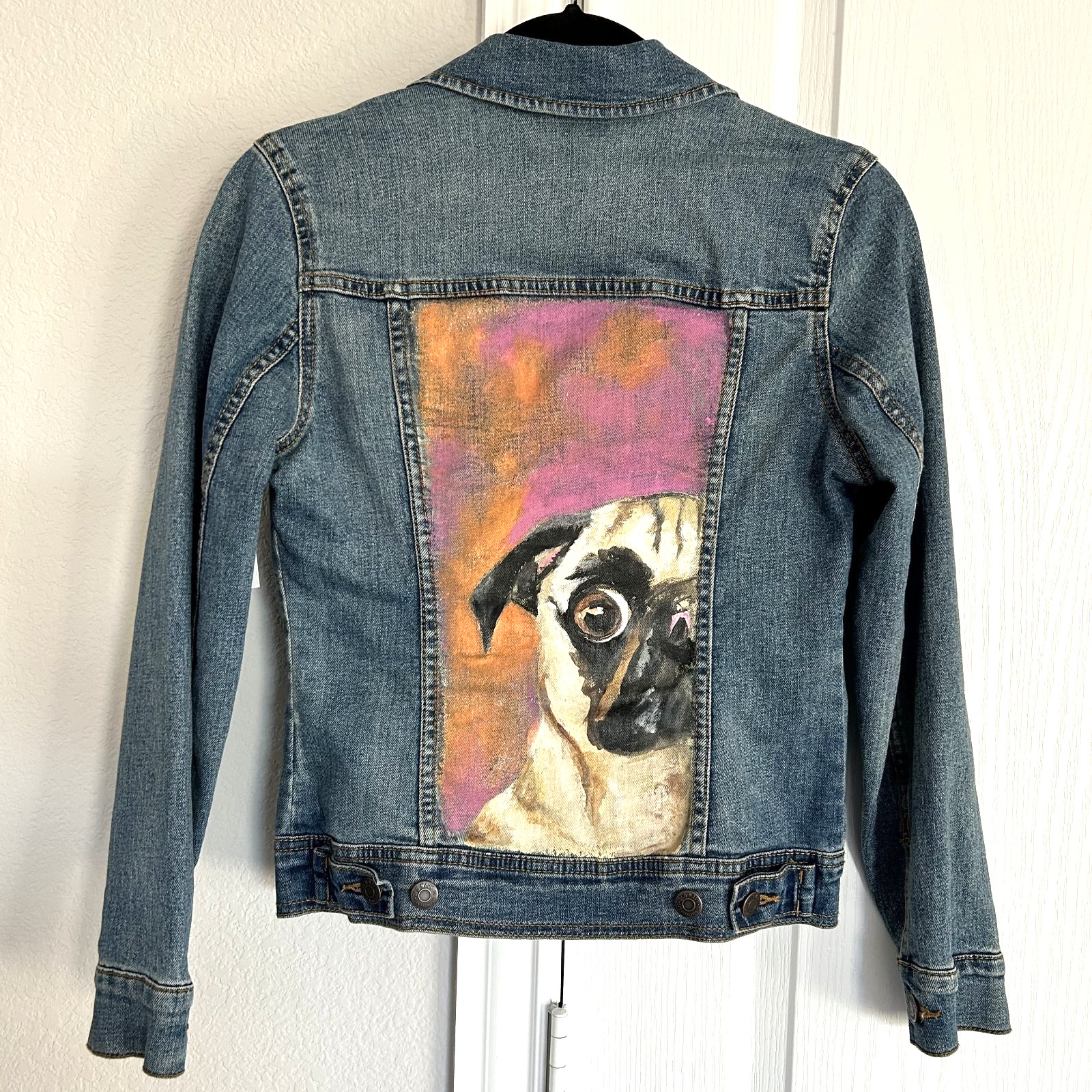 Hand Painted Pug Dog Jean Jacket Womens XS Denim Art to Wear OOAK New w/Tags