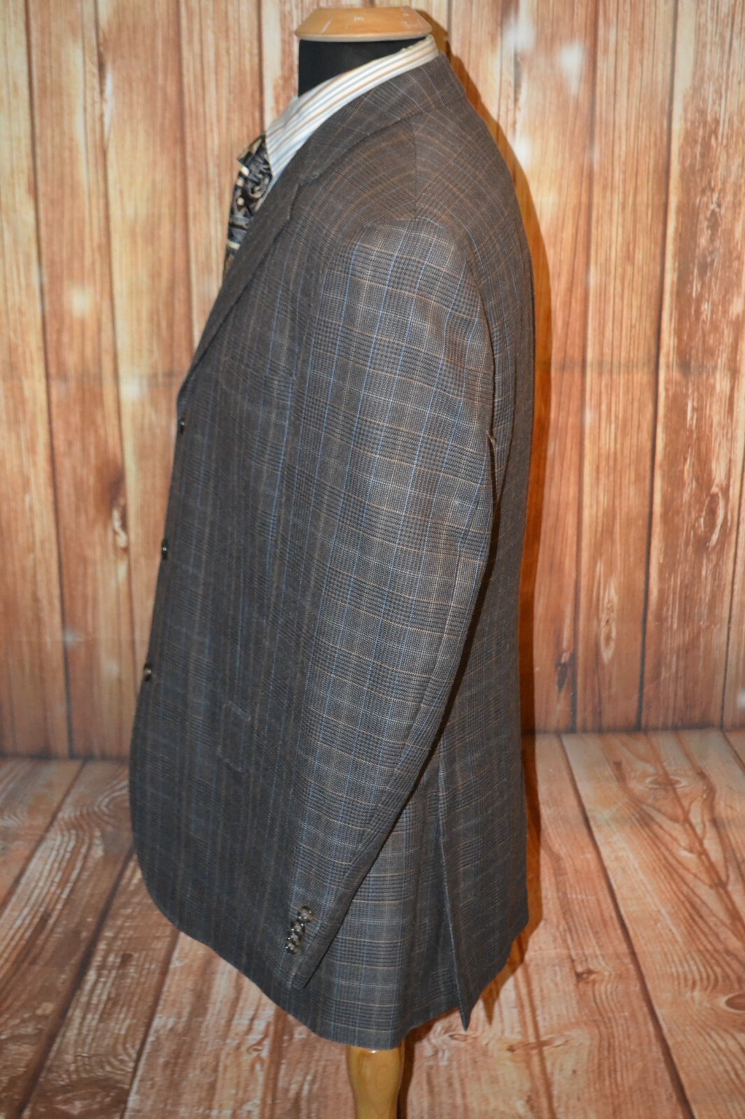 Kroon Men Wool Silk Check Brown 3 Front Button Sports Coat Sz 42R