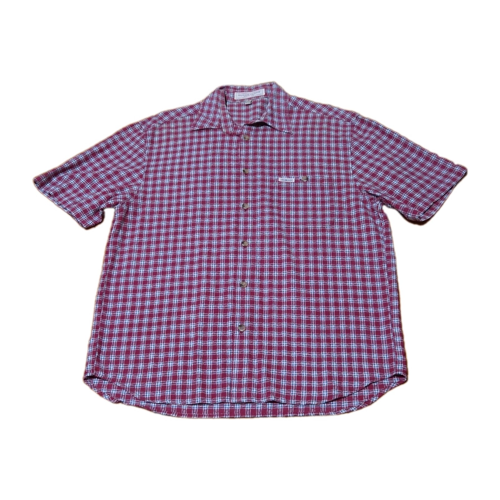 Vintage GUESS JEANS Shirt Men’s M Short Sleeve Button-Up Red White Blue Plaid