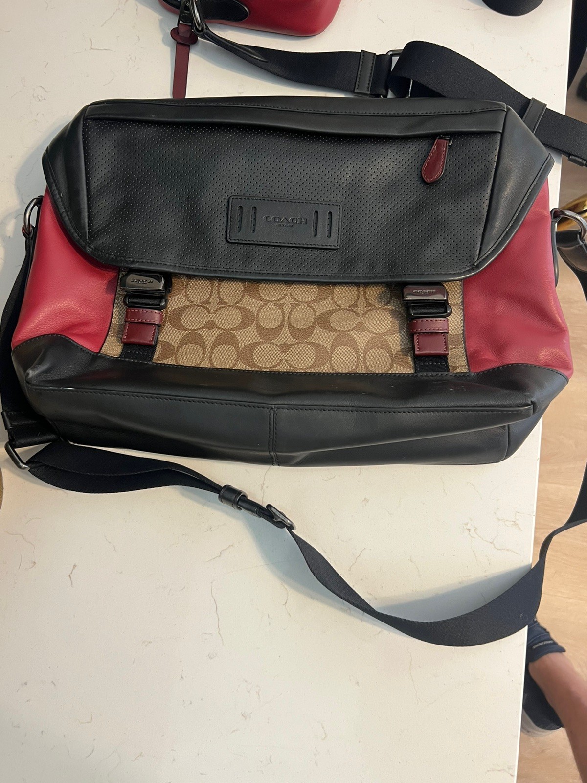 Coach Ranger Bag Red & Black Leather Jacuard Signature Coated Canvas Messenger