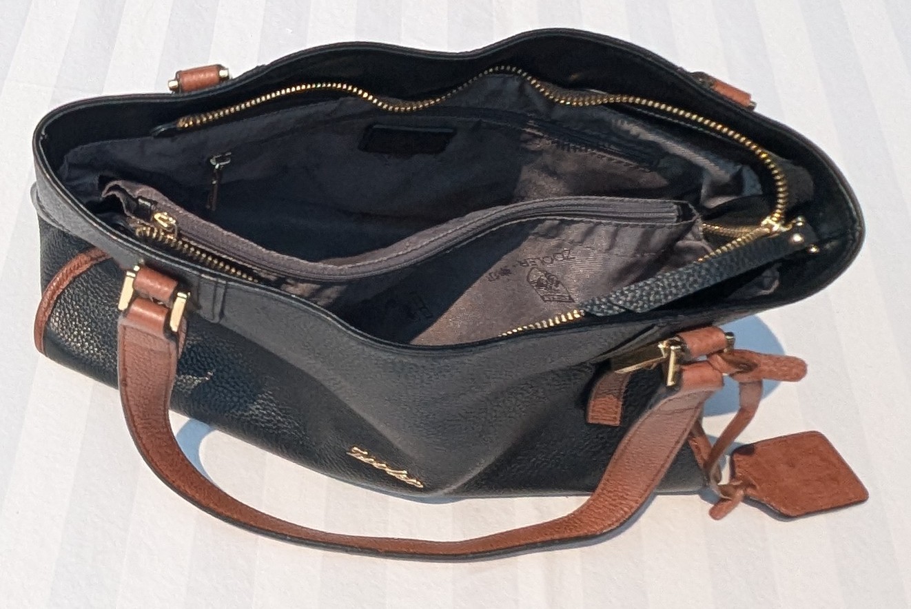 Zooler Black Brown Pebbled Tote Zip Gold Hardware Pockets Lined Bag Charm