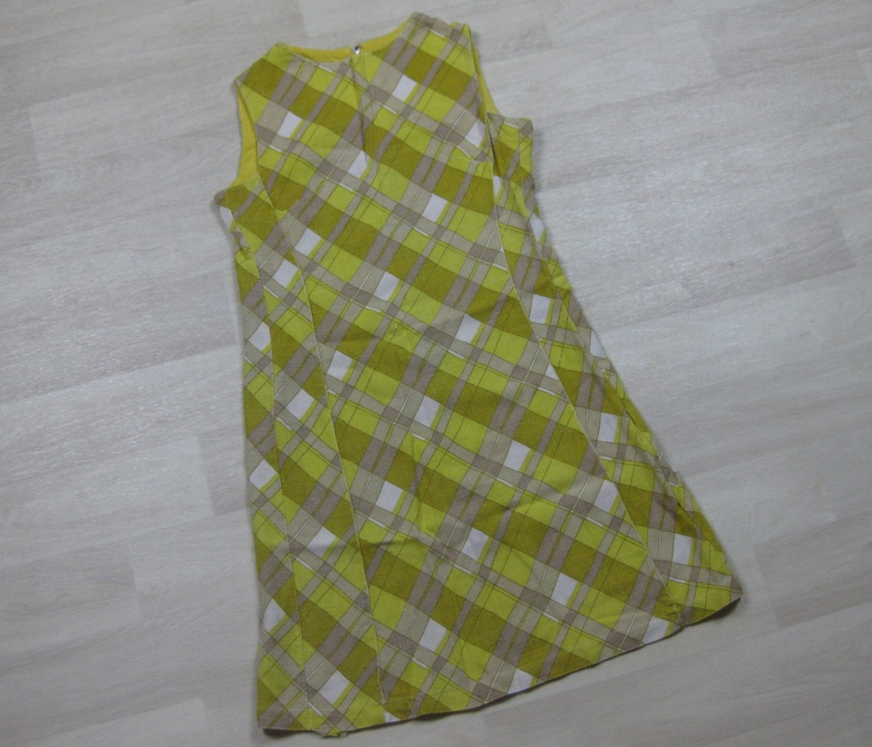 Vintage 60s Mini Sheath Shift Dress (S) Plaid Yellow Day Glo Sleeveless MOD