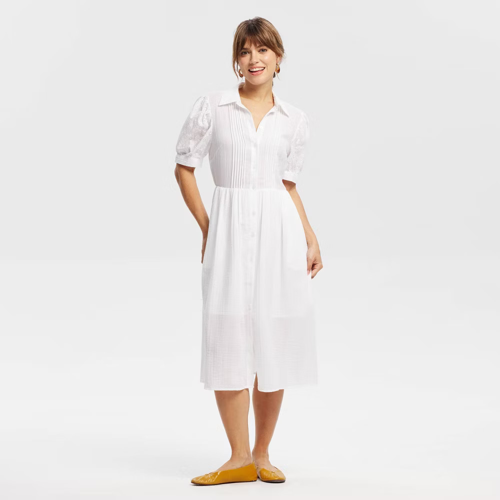 Women Puff Short Sleeve Eyelet Midi Shirtdress – Universal Thread White XL