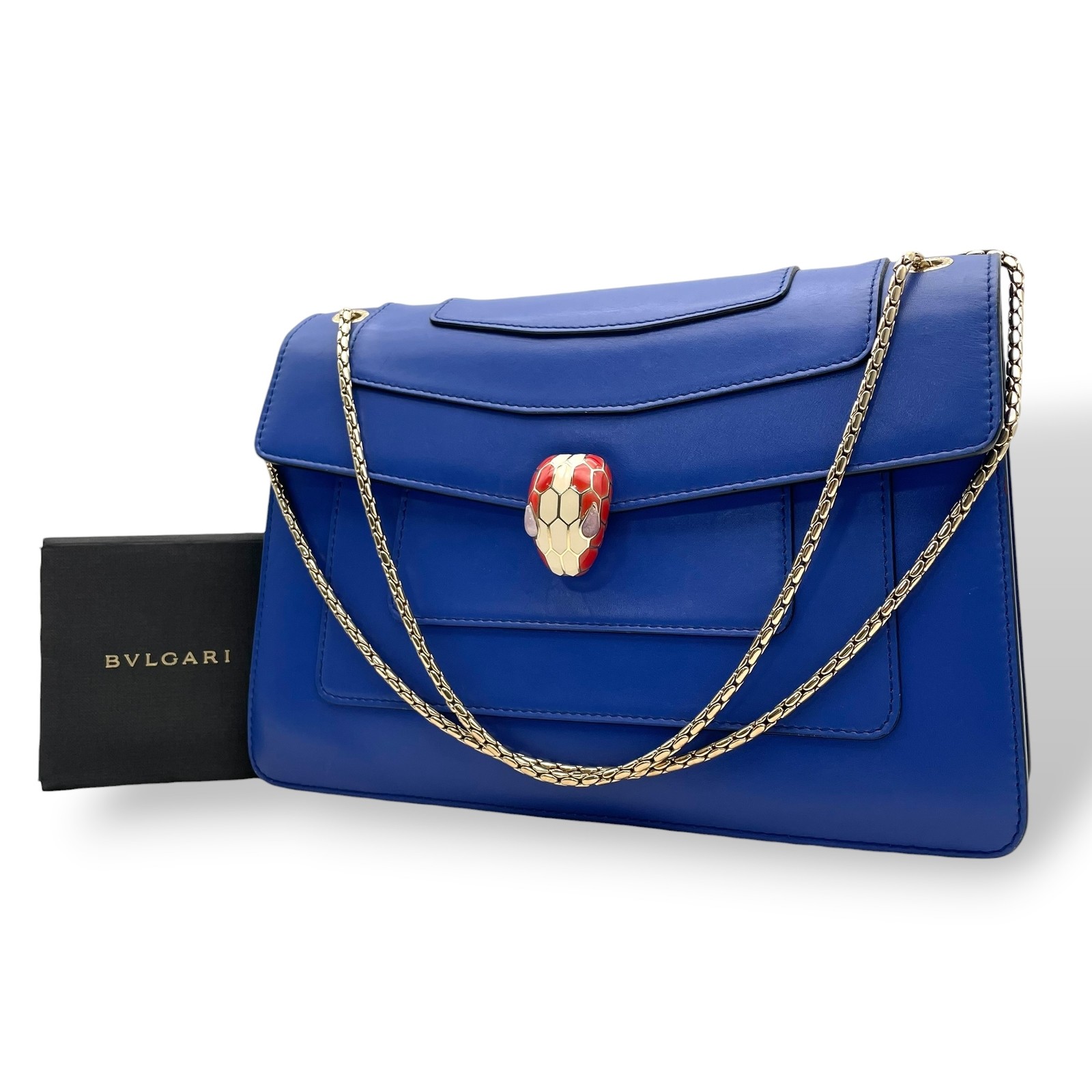 Authentic BVLGARI Serpenti Forever 38102 Blue Leather Chain Shoulder Bag