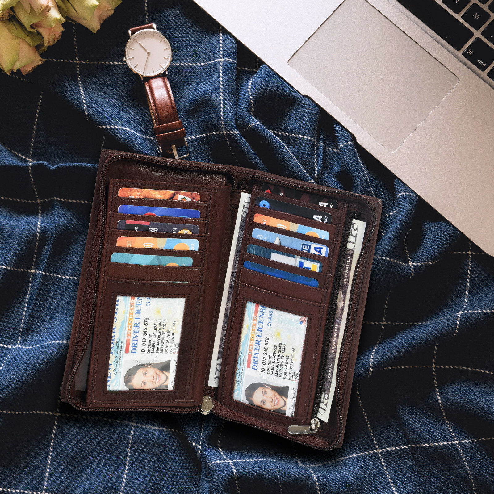 Leatherboss Genuine Leather Checkbook Cover with Credit Card Holder