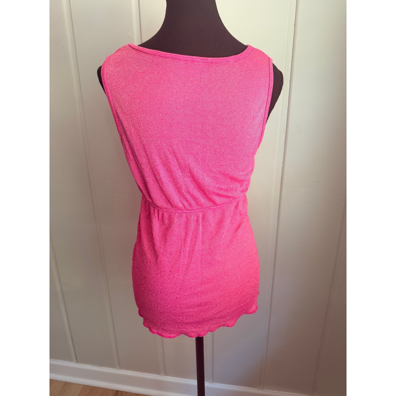 Vintage Michael Stars Hot Pink Empire Waist Tank Top V-Neck Ribbed Knit OS