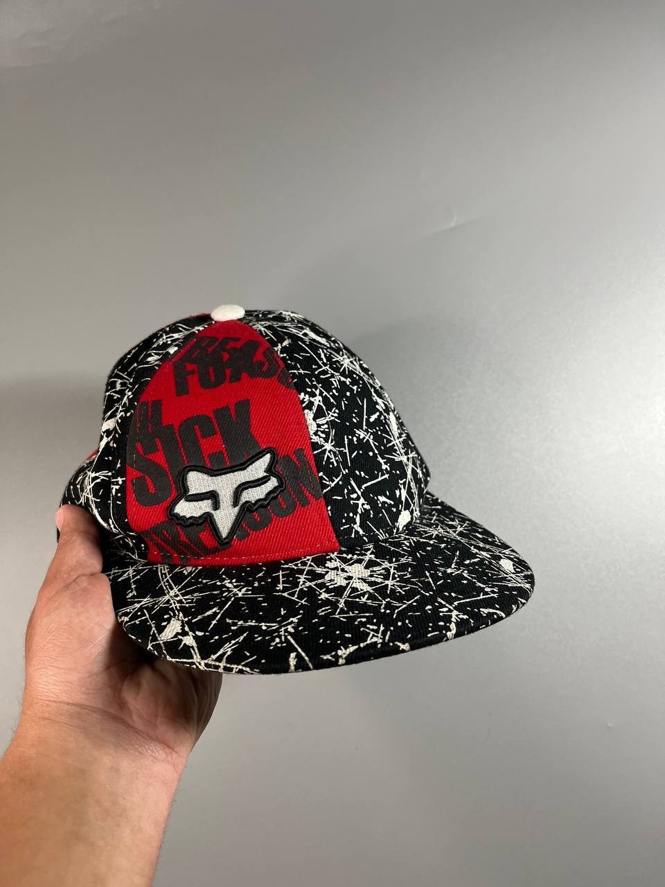 Vintage FOX RACING Snapback Hat Cap Black White Paint Splatter Red One Size VTG