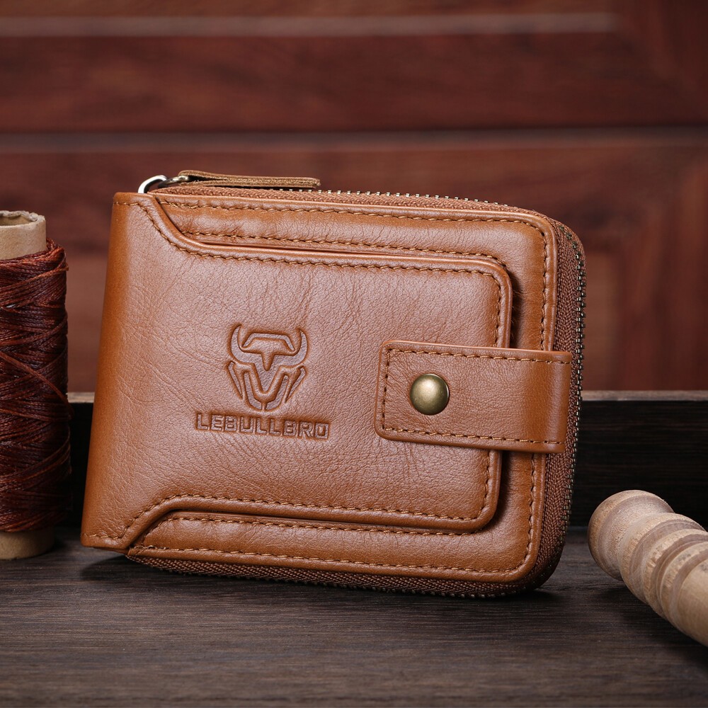 Men’s RFID Blocking Leather Zip Wallet Bifold with Coin Pocket & Card Slots